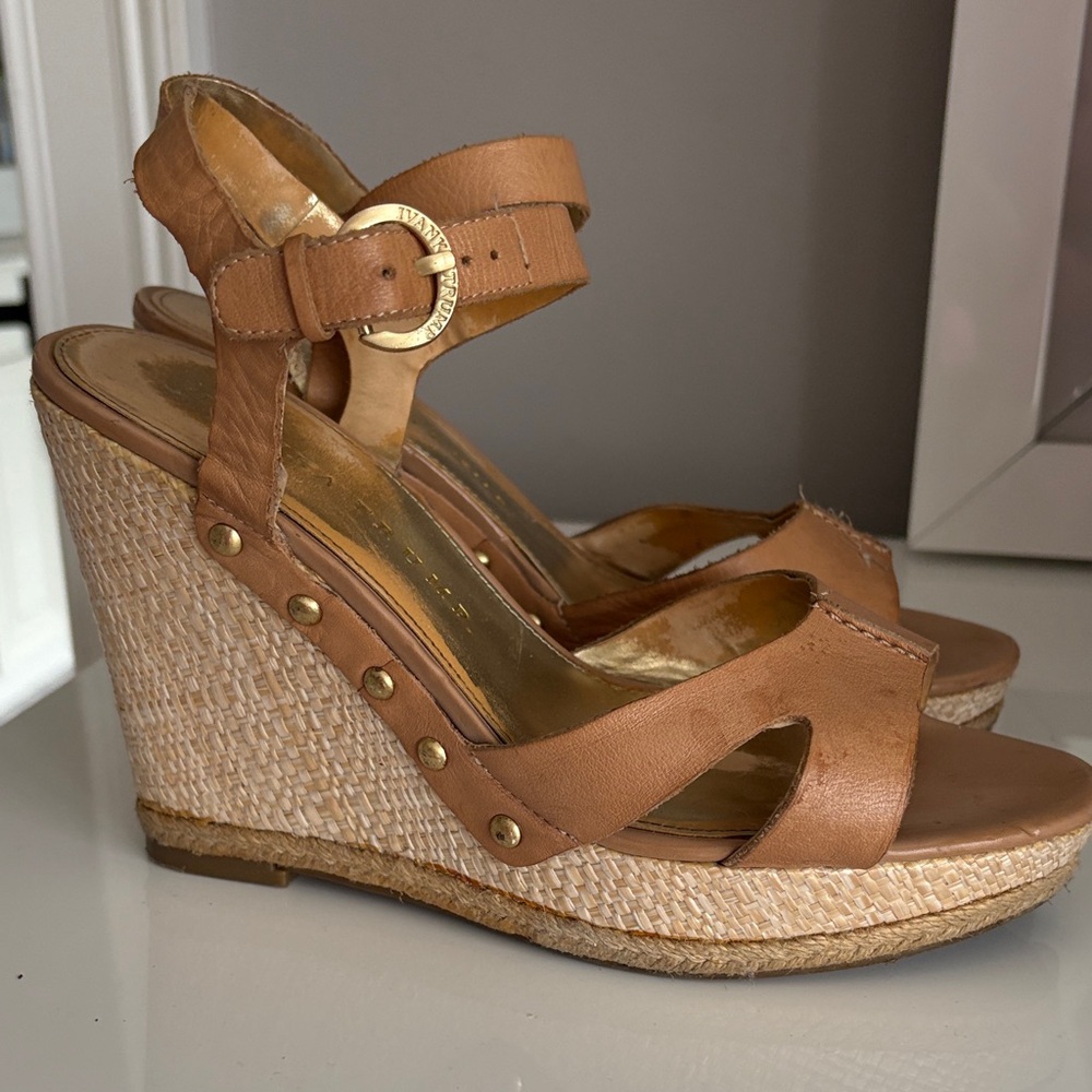 Ivanka Trump Tan Leather Wedge Sandals with Gold Accents